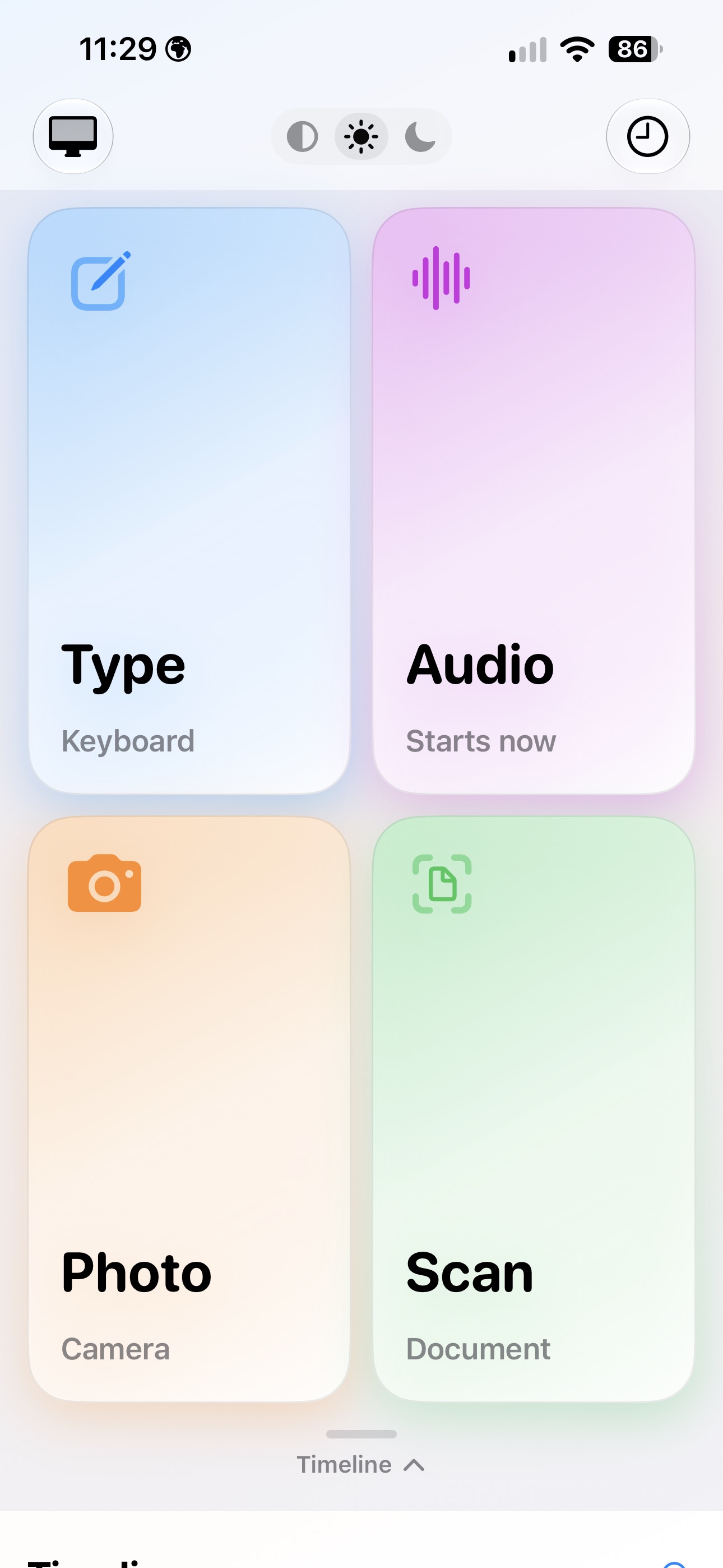 Capture app launch page, showing tiles for Type, Audio, Photo and Scan